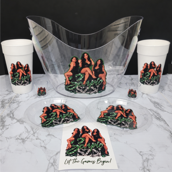 Scorpio SZN personalized birthday party package with custom cups, plates, activity sheets and ice bucket