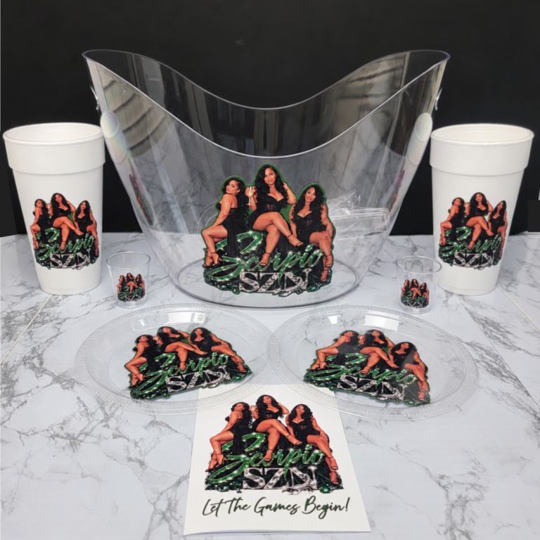 Scorpio SZN personalized birthday party package with custom cups, plates, activity sheets and ice bucket
